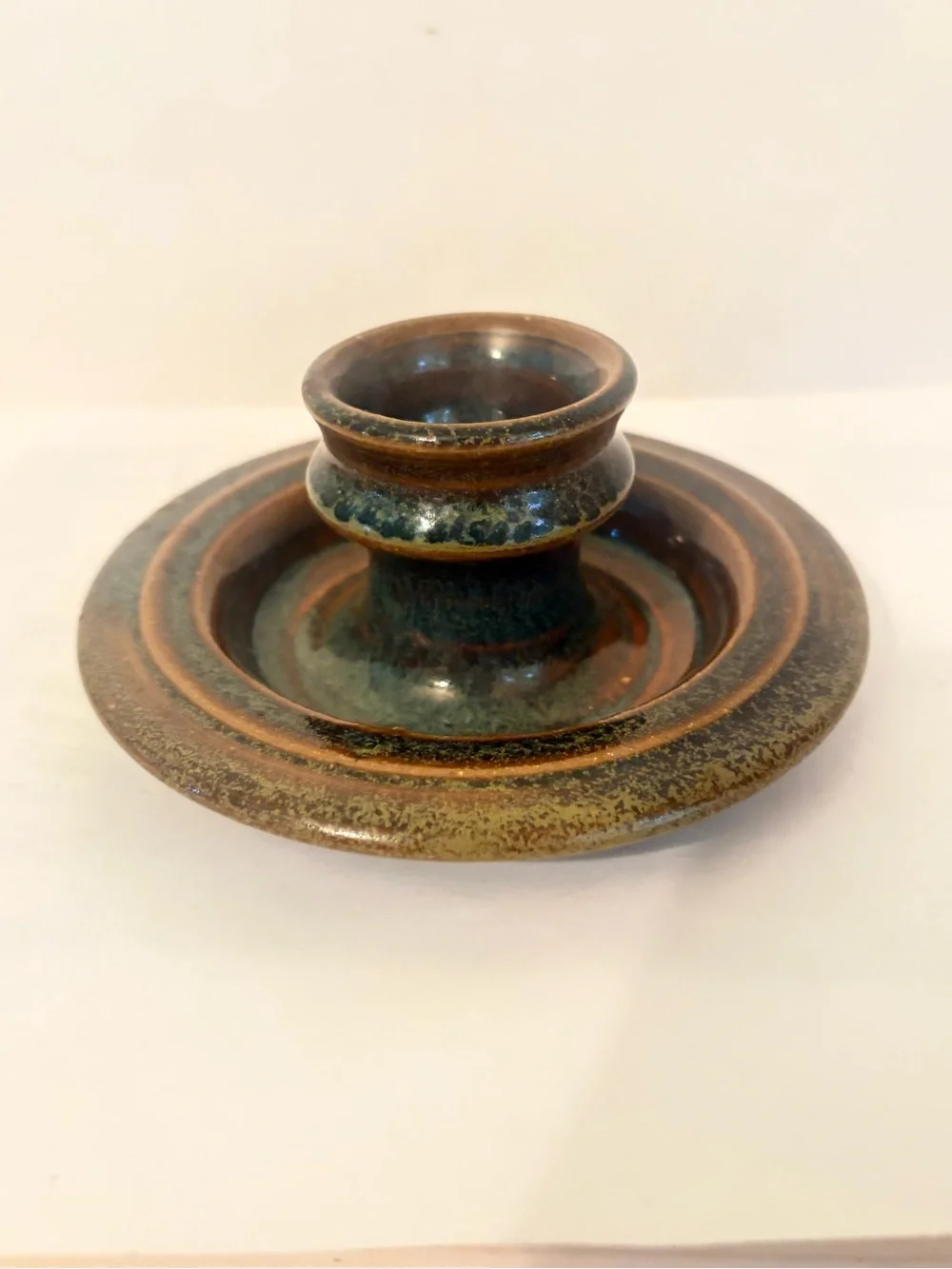 Vintage Dysart Studio Art Pottery Taper Candle Holder Blue & Brown Glaze Signed